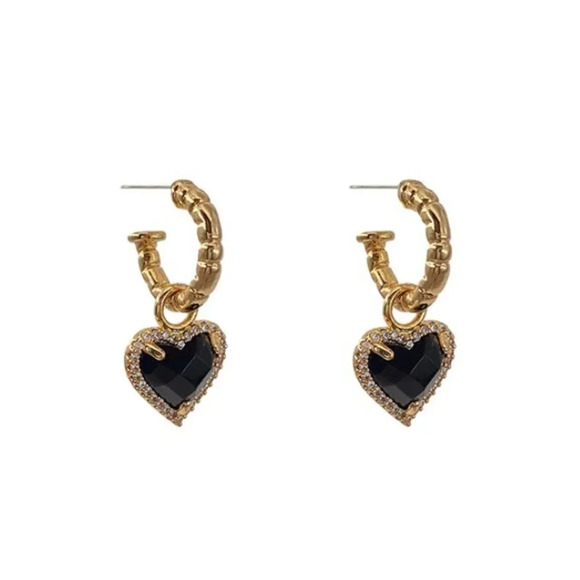 925 Sterling Silver Black Heart Gold Hoop Earrings Dainty Dangle Drop Earrings - Picture 6 of 6